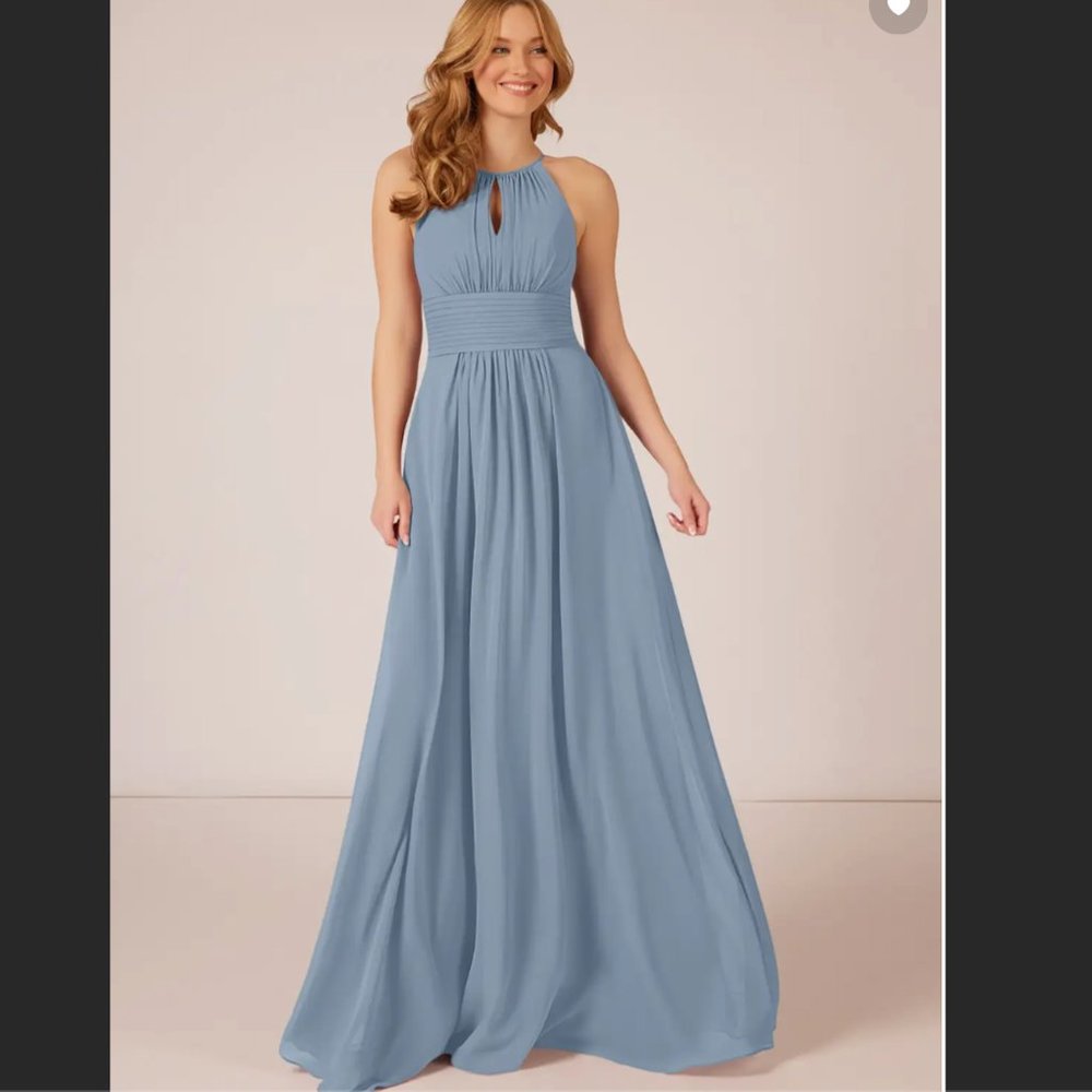 Azazie Bonnie Bridesmaid Dress, Dusty Blue, Floor Length Maxi, Worn Once